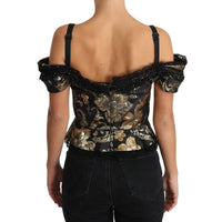 Dolce & Gabbana Black Gold Floral Jacquard Crystal Blouse - Paris Deluxe