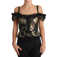 Dolce & Gabbana Black Gold Floral Jacquard Crystal Blouse - Paris Deluxe