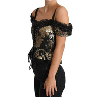 Dolce & Gabbana Black Gold Floral Jacquard Crystal Blouse - Paris Deluxe