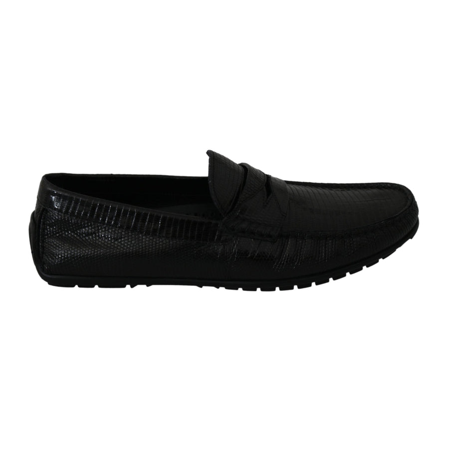 Dolce & Gabbana Black Lizard Leather Flat Loafers Shoes - Paris Deluxe