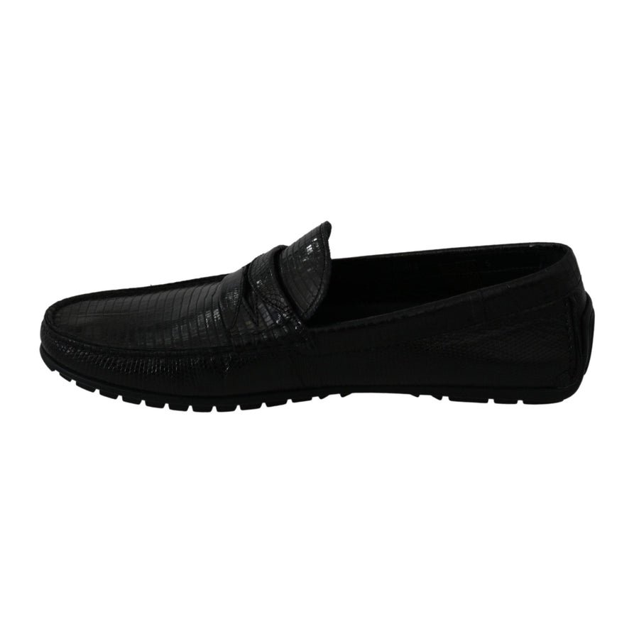 Dolce & Gabbana Black Lizard Leather Flat Loafers Shoes - Paris Deluxe