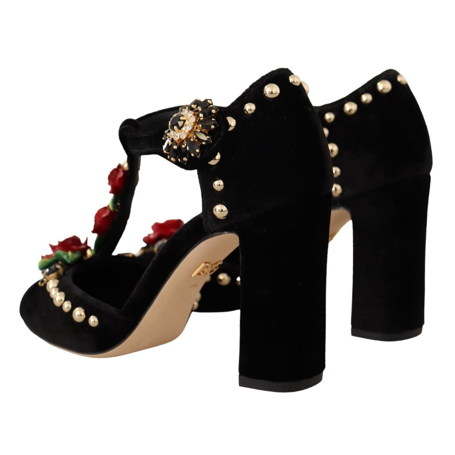 Dolce & Gabbana Black Mary Jane Pumps Roses Crystals Shoes - Paris Deluxe