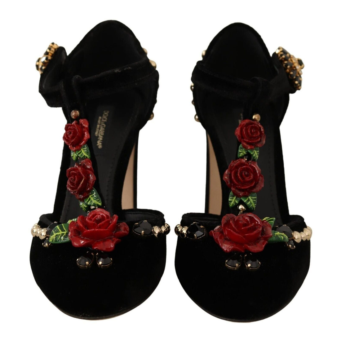 Dolce & Gabbana Black Mary Jane Pumps Roses Crystals Shoes - Paris Deluxe