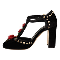 Dolce & Gabbana Black Mary Jane Pumps Roses Crystals Shoes - Paris Deluxe