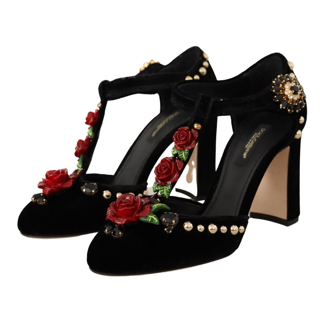 Dolce & Gabbana Black Mary Jane Pumps Roses Crystals Shoes - Paris Deluxe