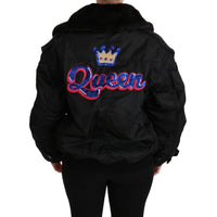 Dolce & Gabbana Black Queen Crown Sequined Bomber Jacket - Paris Deluxe