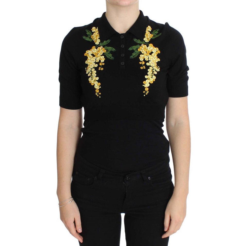 Dolce & Gabbana Black Silk Floral Embroidered Polo Top - Paris Deluxe