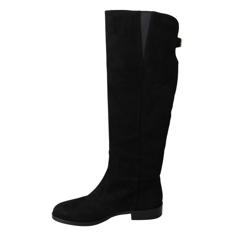 Dolce & Gabbana Black Suede Knee High Flat Boots Shoes - Paris Deluxe