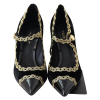 Dolce & Gabbana Black Velvet Gold Mary Janes Pumps - Paris Deluxe