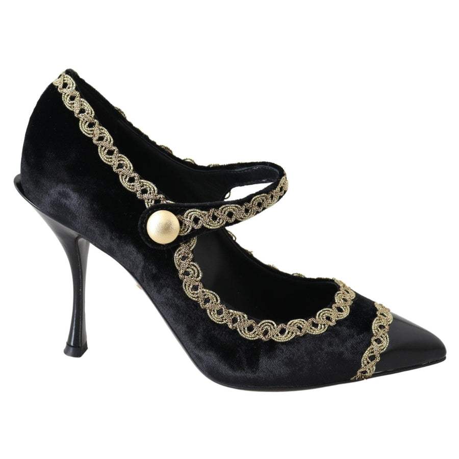 Dolce & Gabbana Black Velvet Gold Mary Janes Pumps - Paris Deluxe