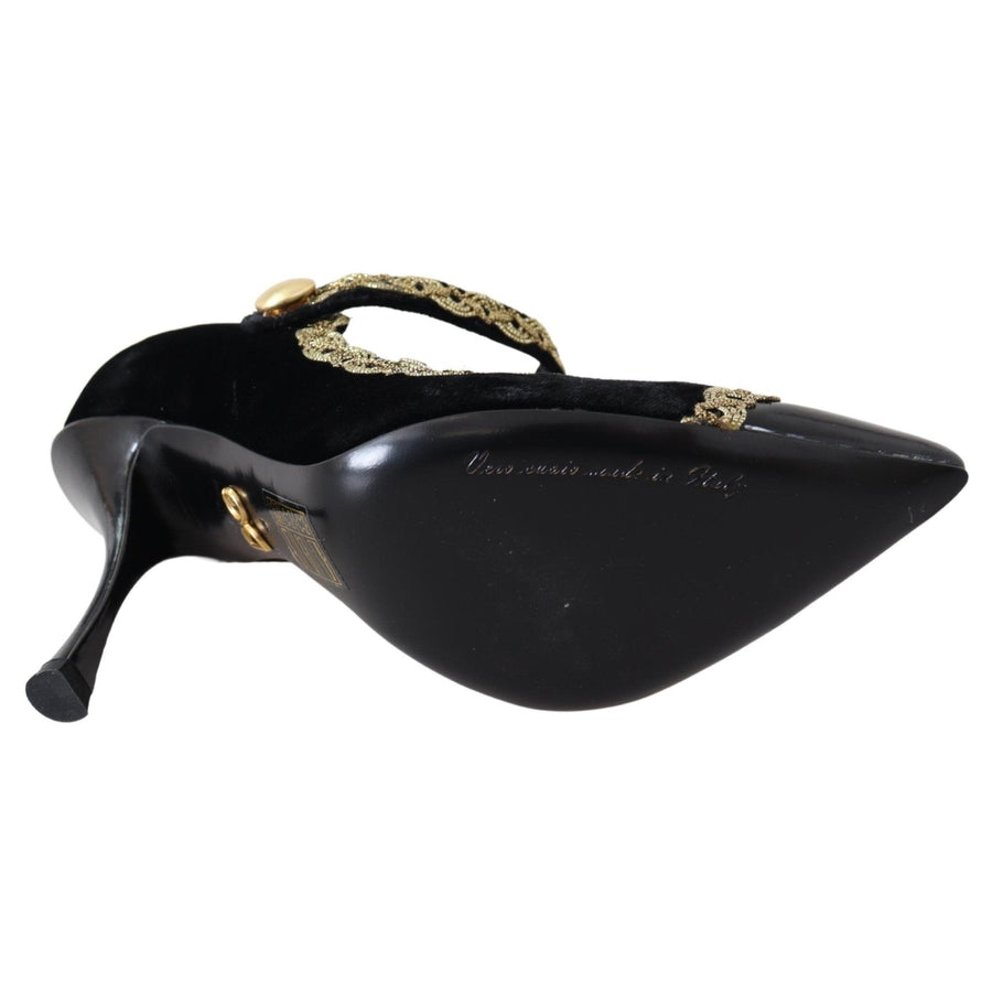 Dolce & Gabbana Black Velvet Gold Mary Janes Pumps - Paris Deluxe