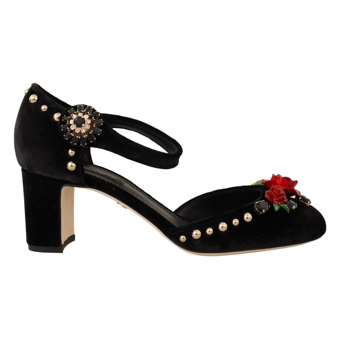 Dolce & Gabbana Black Velvet Roses Ankle Strap Pumps Shoes - Paris Deluxe