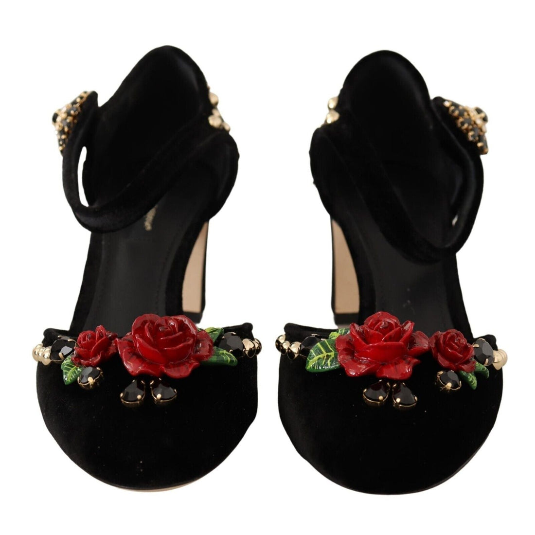 Dolce & Gabbana Black Velvet Roses Ankle Strap Pumps Shoes - Paris Deluxe