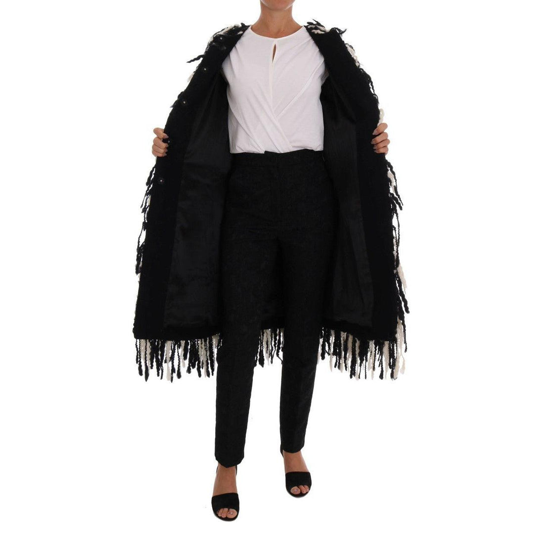 Dolce & Gabbana Black and White Fringed Wool Coat Jacket