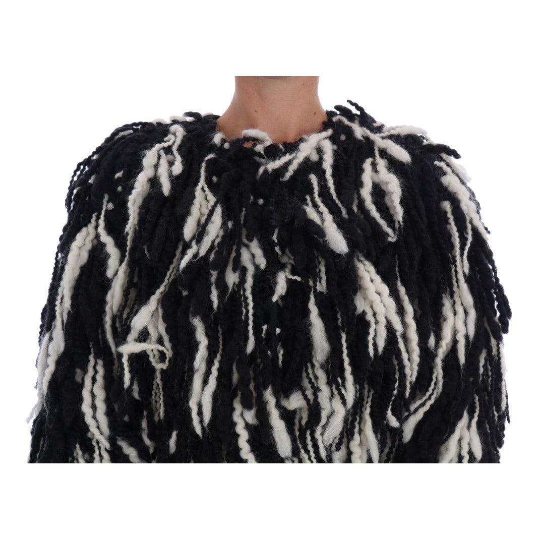 Dolce & Gabbana Black and White Fringed Wool Coat Jacket