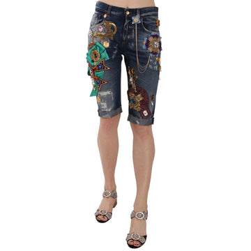 Dolce & Gabbana Blue Denim Mid Waist Crystal Capri Shorts - Paris Deluxe