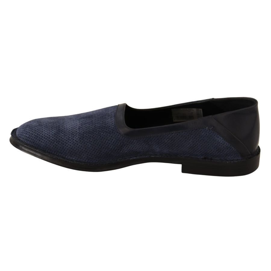 Dolce & Gabbana Blue Leather Perforated Slip On Loafers Shoes - Paris Deluxe