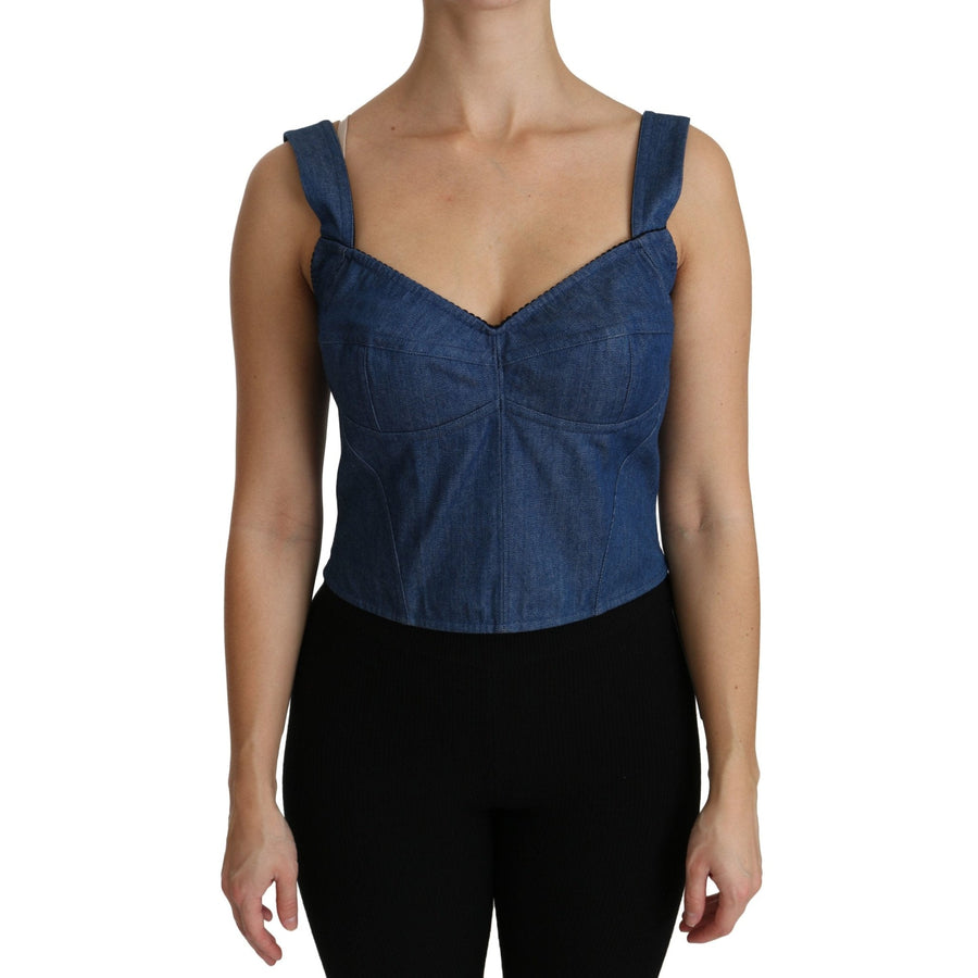 Dolce & Gabbana Blue Sleeveless Bustier Blouse Cotton Top - Paris Deluxe