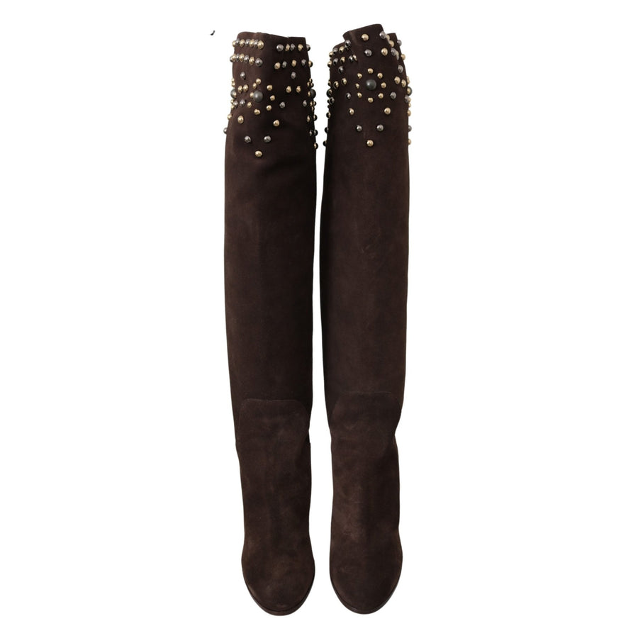 Dolce & Gabbana Brown Suede Studded Knee High Shoes Boots - Paris Deluxe