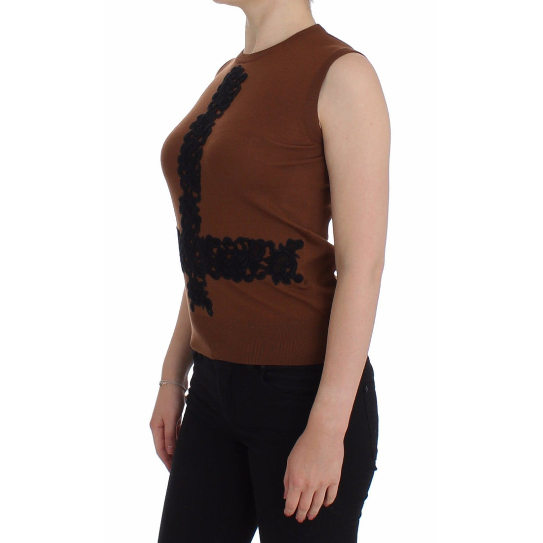 Dolce & Gabbana Brown Wool Black Lace Vest Sweater Top - Paris Deluxe