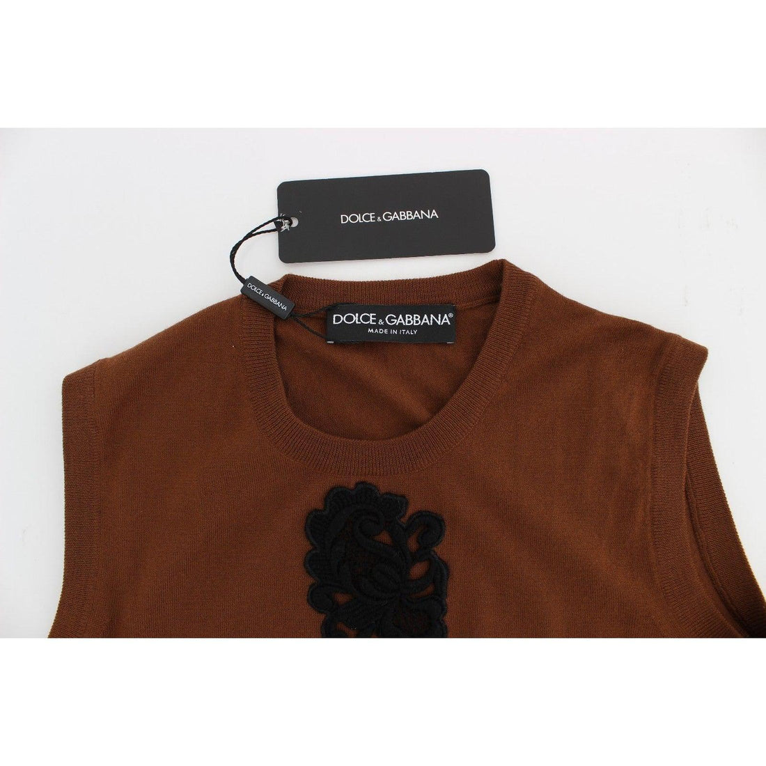 Dolce & Gabbana Brown Wool Black Lace Vest Sweater Top - Paris Deluxe