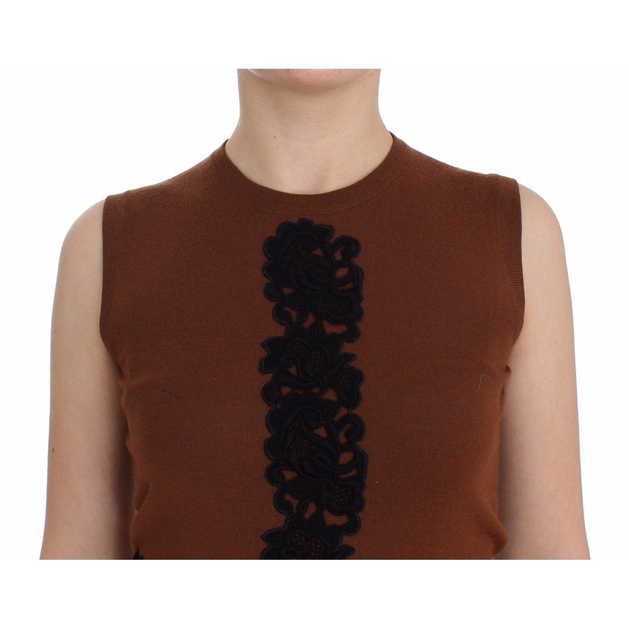 Dolce & Gabbana Brown Wool Black Lace Vest Sweater Top - Paris Deluxe