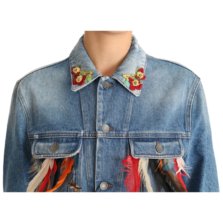 Dolce & Gabbana DENIM Blue Jeans Feather Floral Jacket - Paris Deluxe