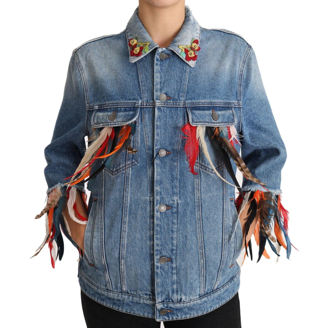 Dolce & Gabbana DENIM Blue Jeans Feather Floral Jacket - Paris Deluxe