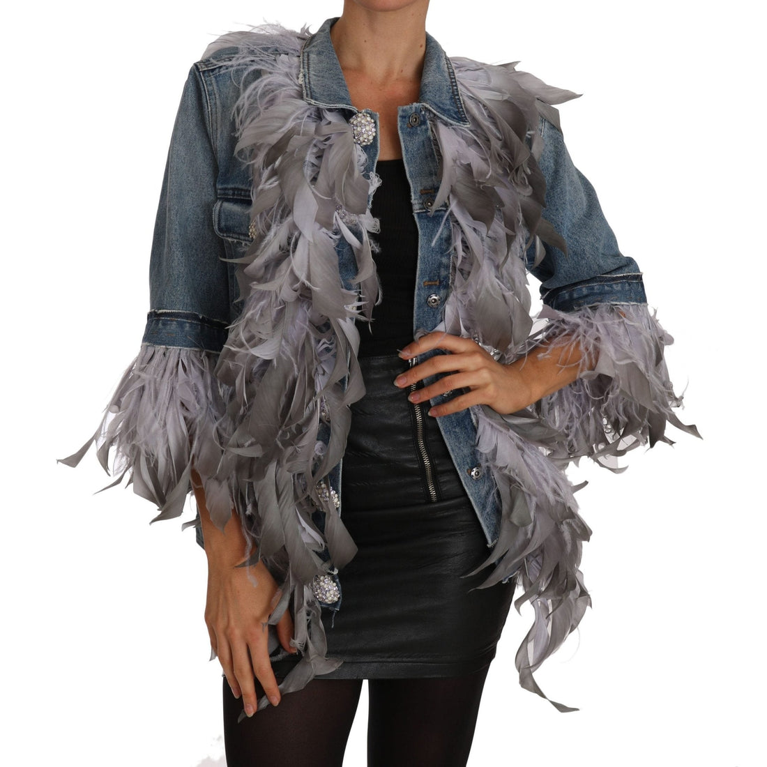 Dolce & Gabbana Denim Jacket Feathers Embellished Buttons - Paris Deluxe