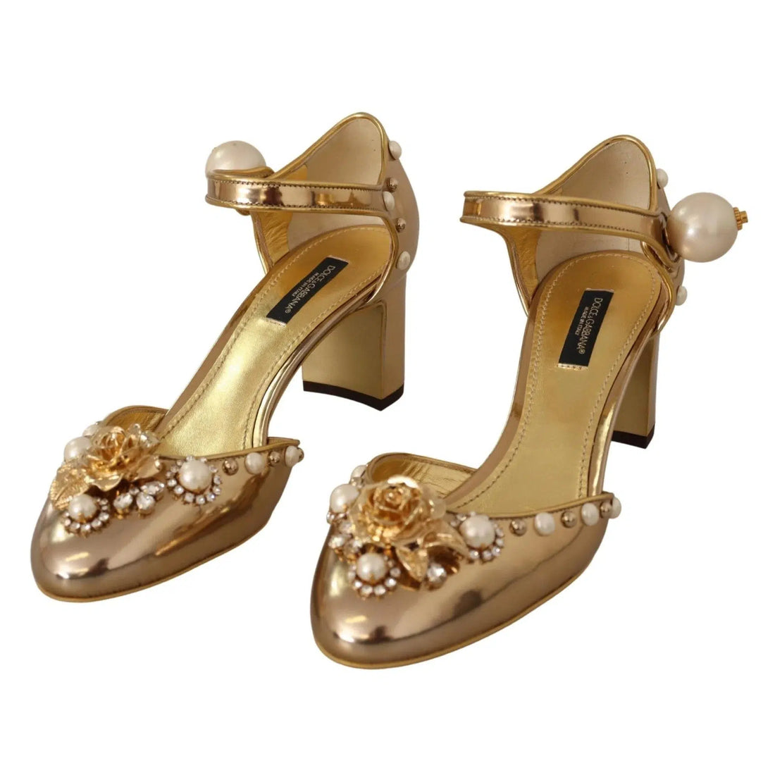 Dolce & Gabbana Elegant Gold Leather Block Heels with Crystals