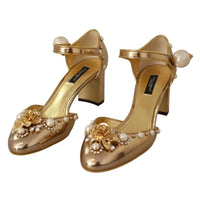 Dolce & Gabbana Elegant Gold Leather Block Heels with Crystals