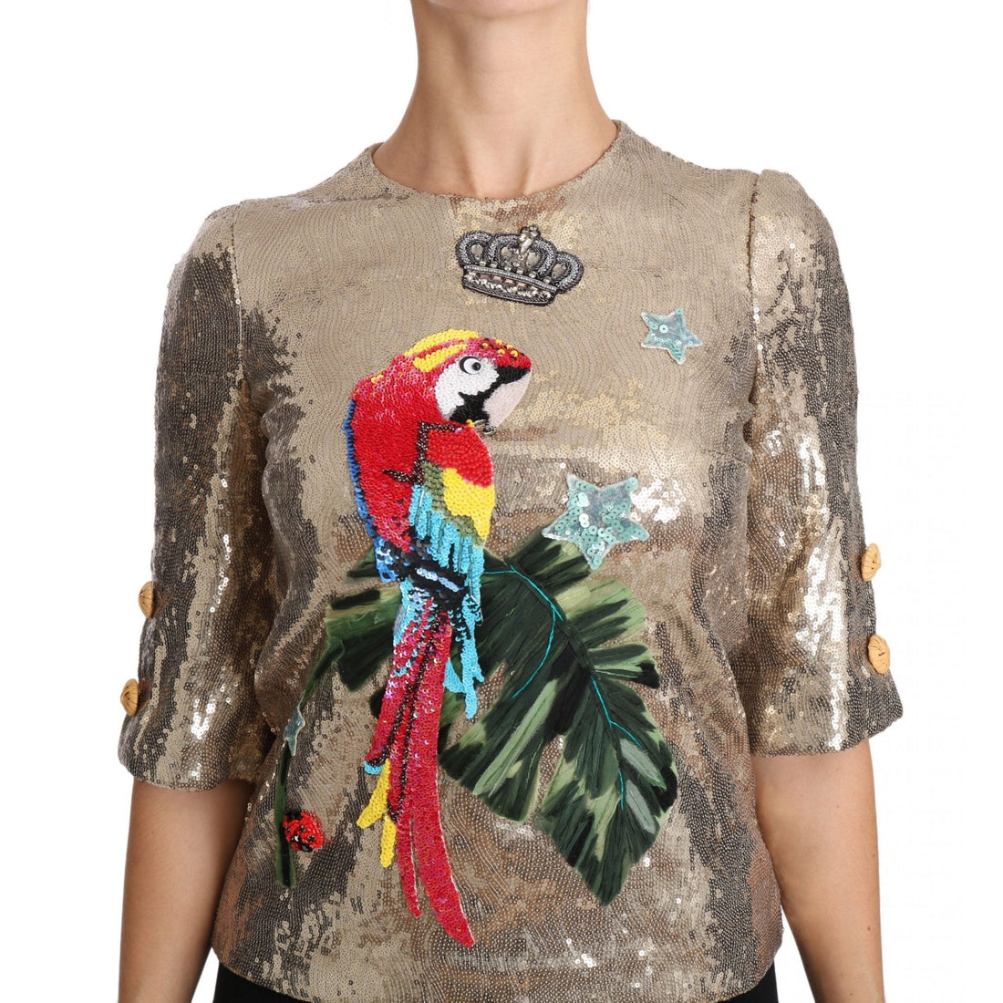 Dolce & Gabbana Gold Sequined Parrot Crystal Blouse - Paris Deluxe