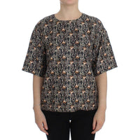 Dolce & Gabbana Gray Gold Key Print Silk Blouse T-shirt - Paris Deluxe