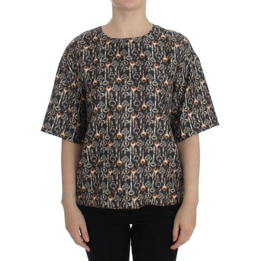 Dolce & Gabbana Gray Gold Key Print Silk Blouse T-shirt - Paris Deluxe