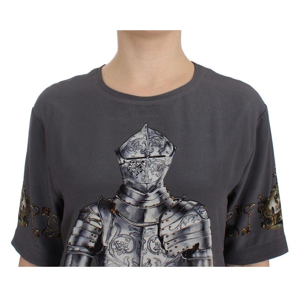 Dolce & Gabbana Gray Knight Crown Print Silk Blouse Top - Paris Deluxe