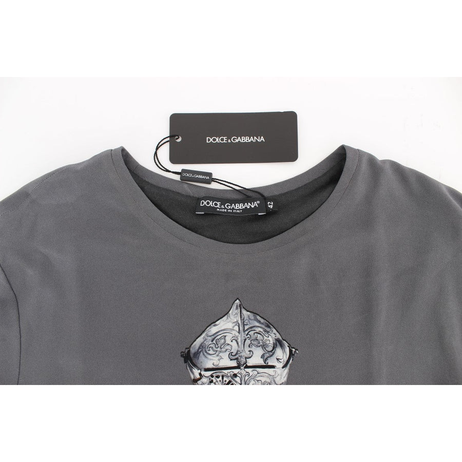 Dolce & Gabbana Gray Knight Crown Print Silk Blouse Top - Paris Deluxe