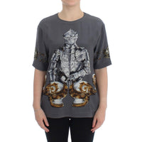 Dolce & Gabbana Gray Knight Crown Print Silk Blouse Top - Paris Deluxe