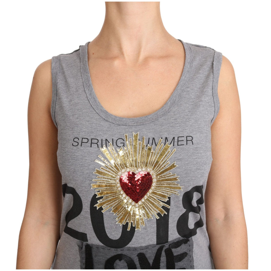 Dolce & Gabbana Gray Tank Top Crystal Sequined Heart T-shirt - Paris Deluxe