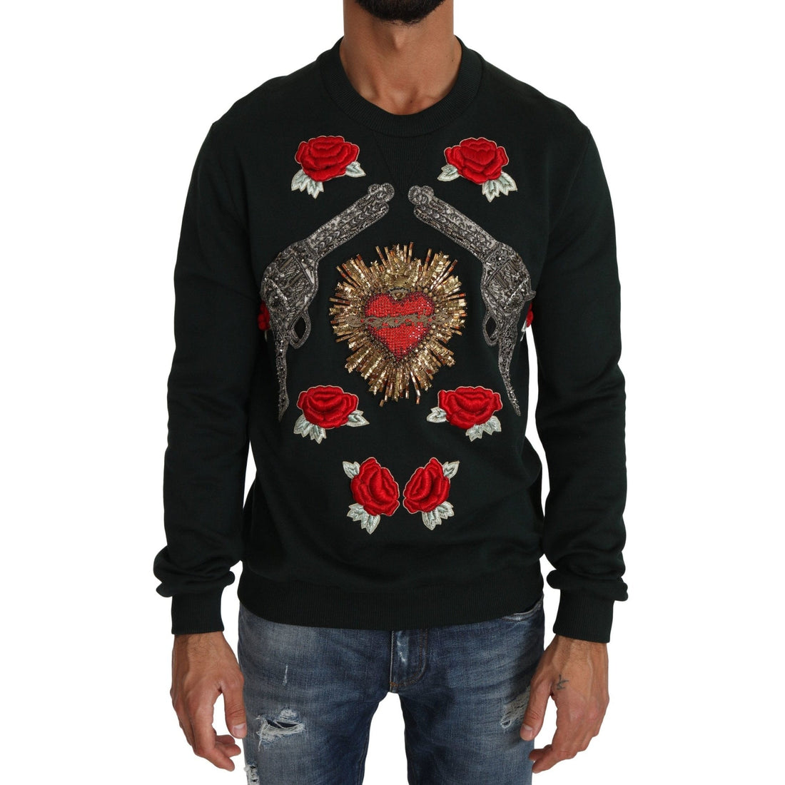 Dolce & Gabbana Emerald Cotton Sweater with Crystal Embroidery
