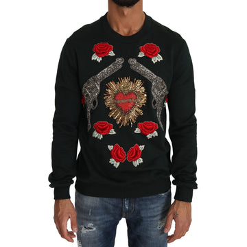 Dolce & Gabbana Emerald Cotton Sweater with Crystal Embroidery