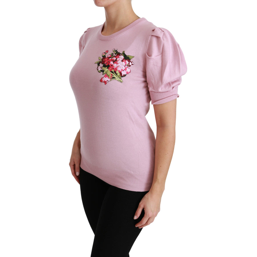 Dolce & Gabbana Pink Floral Embroidered Blouse Wool Top - Paris Deluxe