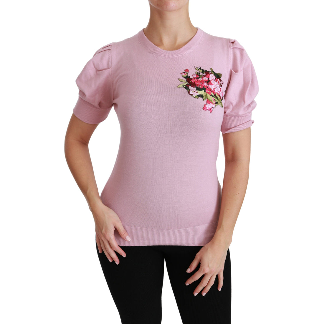 Dolce & Gabbana Pink Floral Embroidered Blouse Wool Top - Paris Deluxe