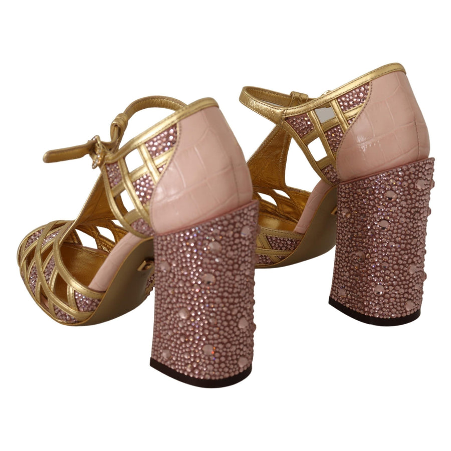 Dolce & Gabbana Pink Gold Leather Crystal Pumps T-strap Shoes - Paris Deluxe