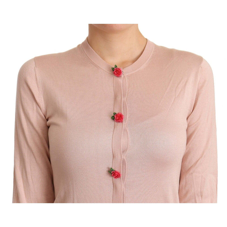 Dolce & Gabbana Pink Silk Knit Rose Button Cardigan Sweater - Paris Deluxe