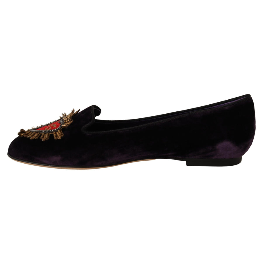 Dolce & Gabbana Purple Velvet DG Heart Loafers Flats Shoes - Paris Deluxe