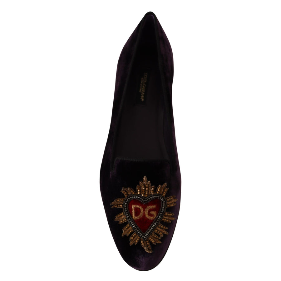 Dolce & Gabbana Purple Velvet DG Heart Loafers Flats Shoes - Paris Deluxe