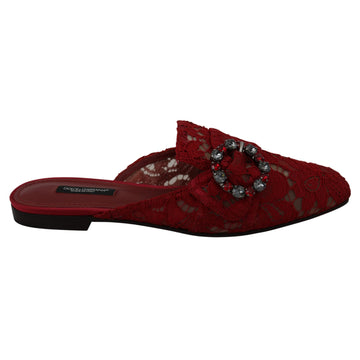 Dolce & Gabbana Red Lace Crystal Slide On Flats Shoes - Paris Deluxe