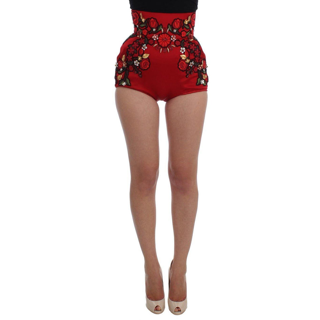 Dolce & Gabbana Red Silk Crystal Roses Shorts - Paris Deluxe