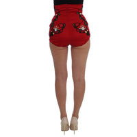 Dolce & Gabbana Red Silk Crystal Roses Shorts - Paris Deluxe