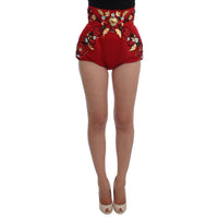 Dolce & Gabbana Red Silk Crystal Roses Shorts - Paris Deluxe